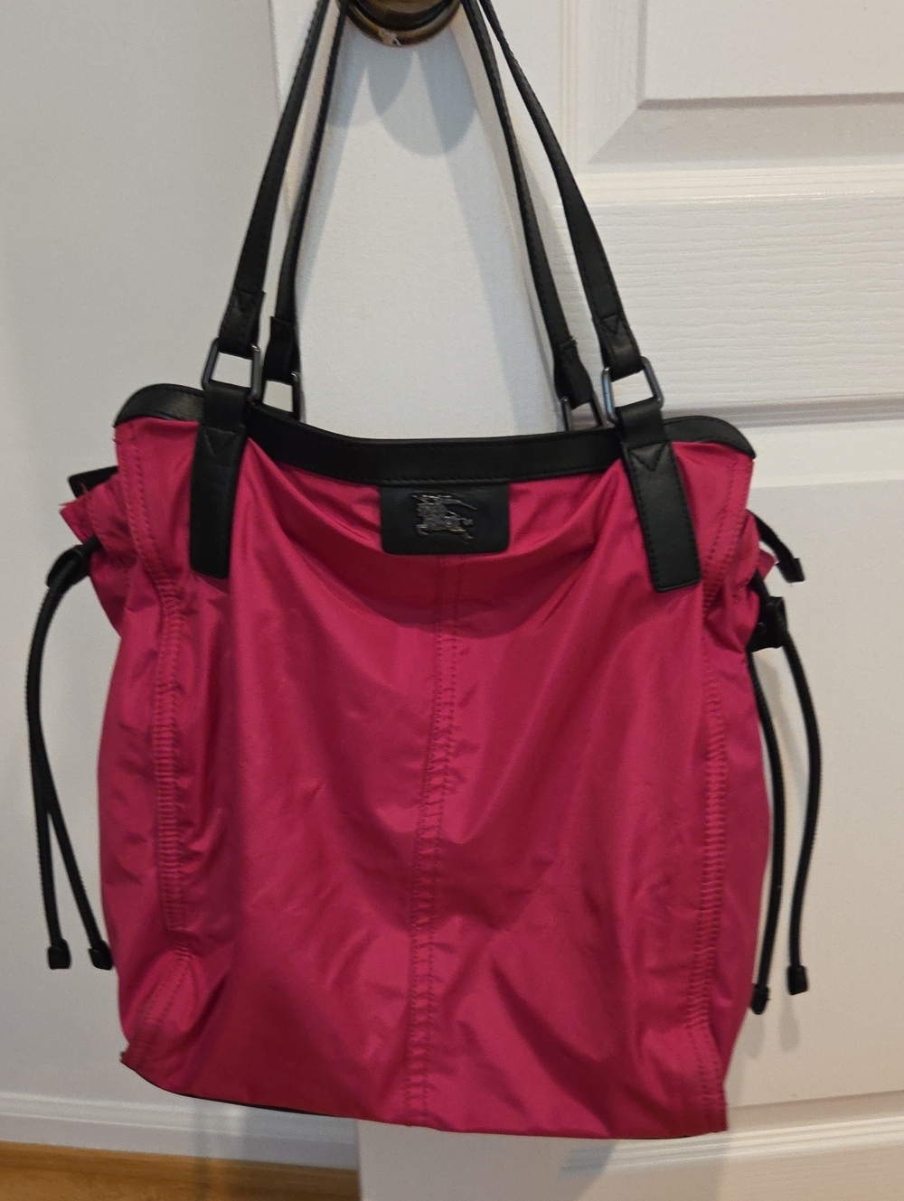 Burberry Nylon/Leather Pink Tote Shoulder Bag with Black Trim